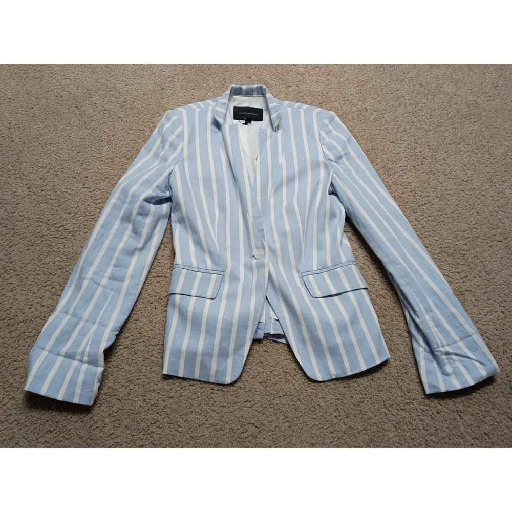 Banana Republic Single Button Linen Blend Blazer Blue White Stripes Women's Sz 2